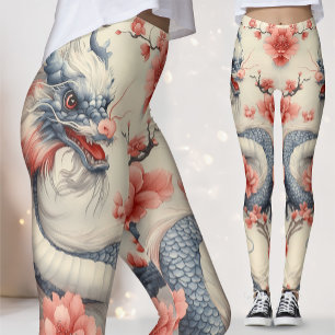Chinoiserie Lotus Draak   Blauwe & Roze Kunst Leggings
