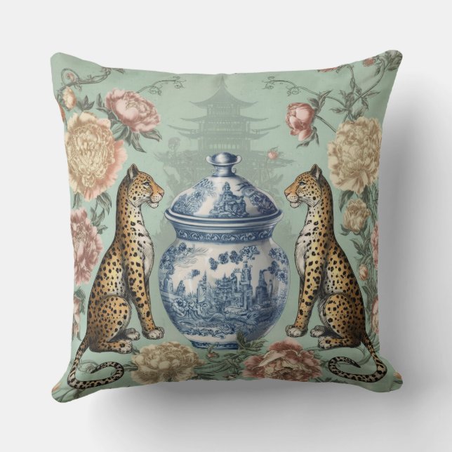 Chinoiserie Luipaard Gemberpot Kunst Kussen (Achterkant)