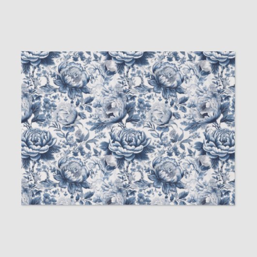Chinoiserie Marine Blauw Wit Pioen Bloemen Decoupa Tissuepapier (Voorkant)