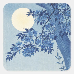 Chinoiserie Marineblauwe Kersenbloesem & Volle Maa Vierkante Sticker