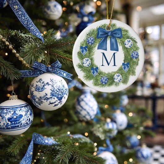 Chinoiserie Monogram Krans Kerstmis Keramisch Ornament