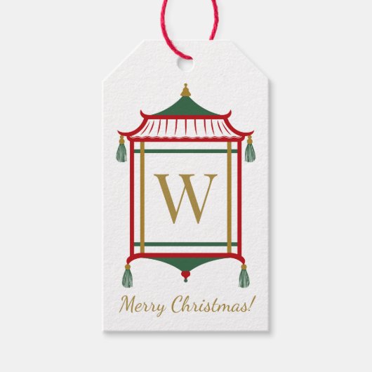 Chinoiserie Monogram Pagoda, Kerst op maat Cadeaulabel (Voorkant)