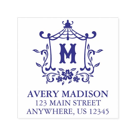 Chinoiserie Monogram Pagoda Retouradres Zelfinktende Stempel (Design)