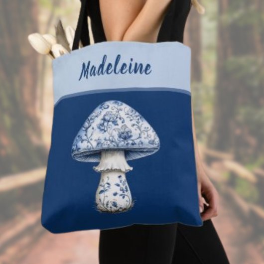 Chinoiserie Mushroom iBlue White on Navy Monogram  Tote Bag