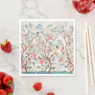 Chinoiserie Muurschildering met Vogels en Bloeiend Servet