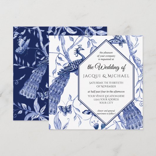 Chinoiserie Navy Blue Peacock Butterfly Hexagon Kaart (Voorkant / Achterkant)