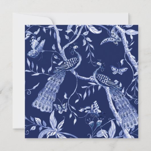 Chinoiserie Navy Blue Peacock Butterfly Hexagon Kaart (Achterkant)