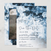 Chinoiserie Navy Blue White Floral Script Foto Save The Date (Voorkant / Achterkant)