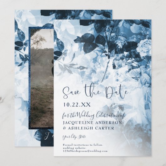 Chinoiserie Navy Blue White Floral Script Foto Save The Date (Voorkant / Achterkant)