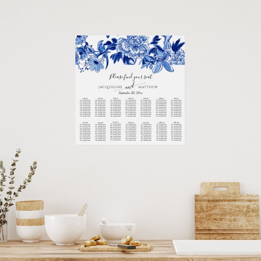 Chinoiserie Navy Blue White Floral Seating Chart Poster (Keuken)