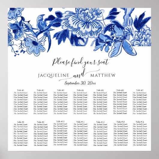 Chinoiserie Navy Blue White Floral Seating Chart Poster (Voorkant)