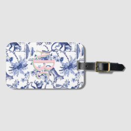 Chinoiserie Oerwoud Toile | Blauw-wit monogram Bagagelabel
