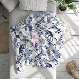 Chinoiserie Oerwoud Toile | Blauw-wit monogram Fleece Deken