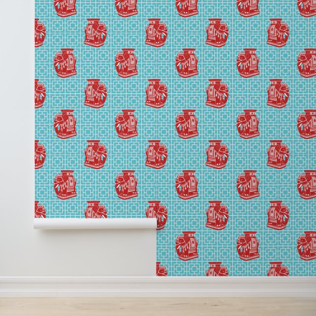 Chinoiserie Olifant op Bamboe - Rood & Turquoise Behang (Applicatie)
