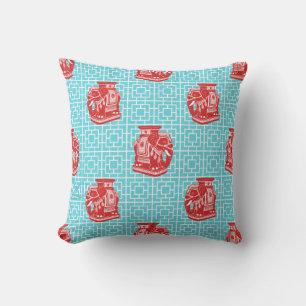 Chinoiserie Olifant op Bamboe - Rood & Turquoise Kussen