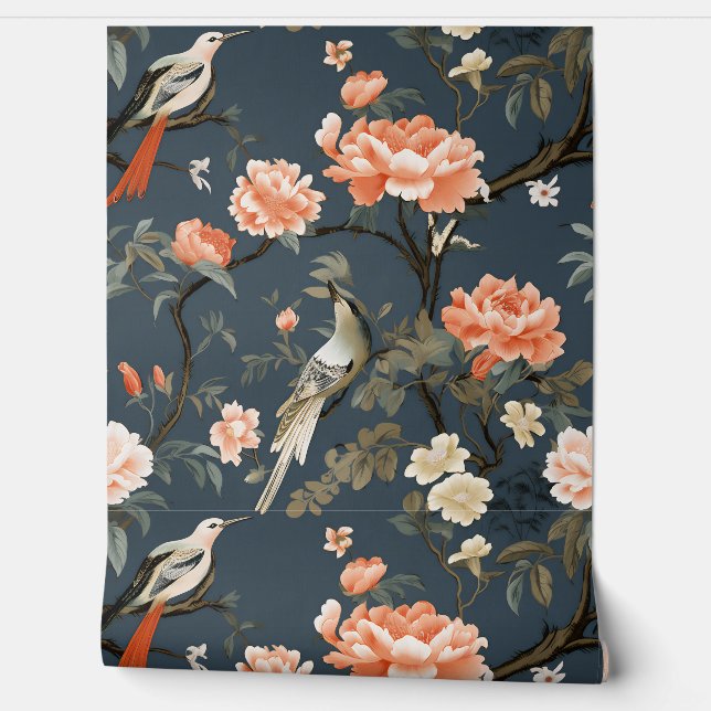 Chinoiserie op Denim Blue Behang (Afrollen)