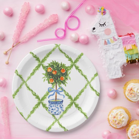 Chinoiserie Oranje Citrus Topiary, Grandmillenial Papieren Bordje (Feest)