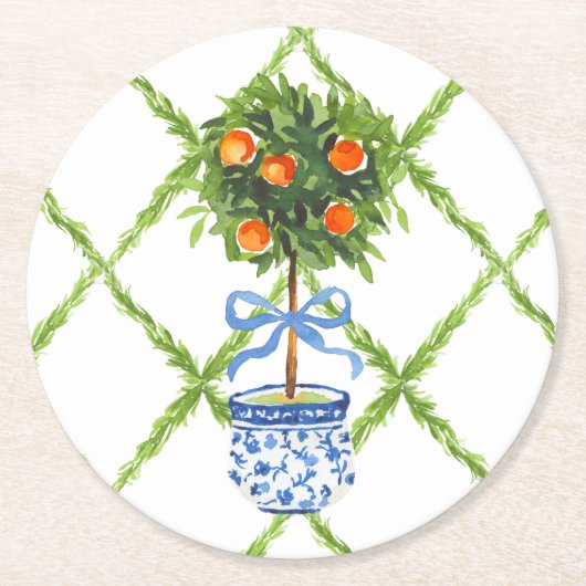 Chinoiserie Oranje Citrus Topiary Ronde Kartonnen Onderzetter (Voorkant)