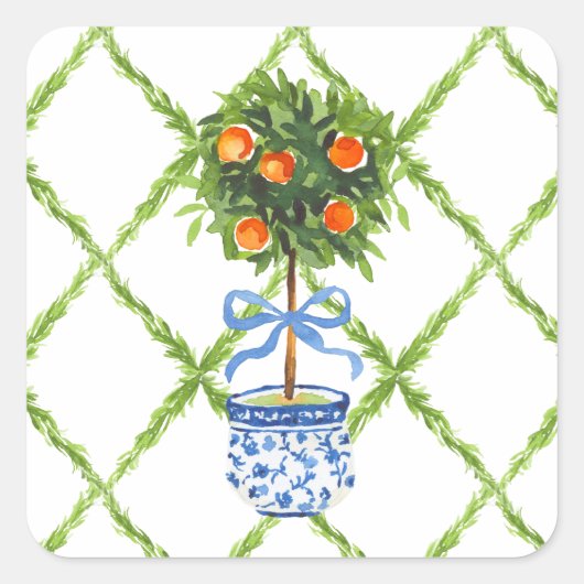 Chinoiserie Oranje Citrus Topiary Vierkante Sticker (Voorkant)