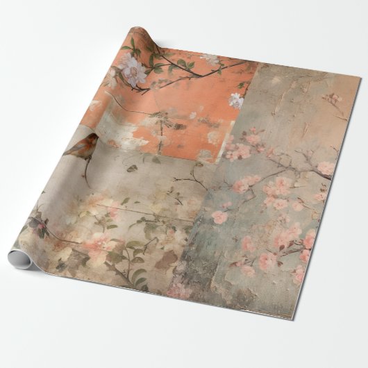 Chinoiserie Oranje Sherbet Collage Cadeaupapier (Uitgerold)