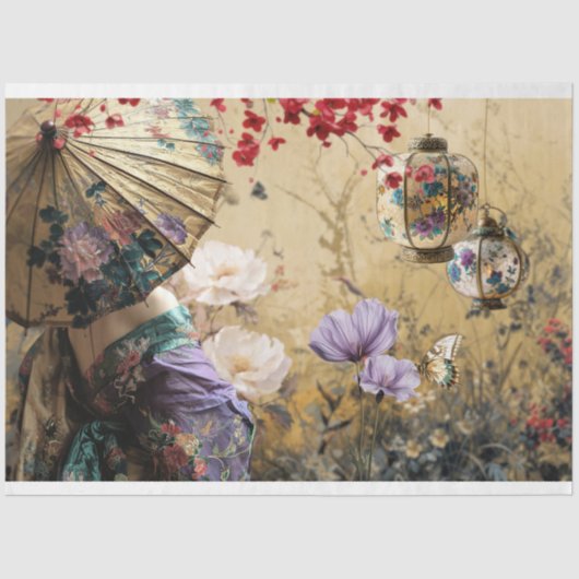 Chinoiserie Oriental Lady Portret & Bloemen Tissuepapier (Voorkant)