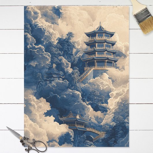 Chinoiserie Oriental Temple Blue Decoupage Tissuepapier