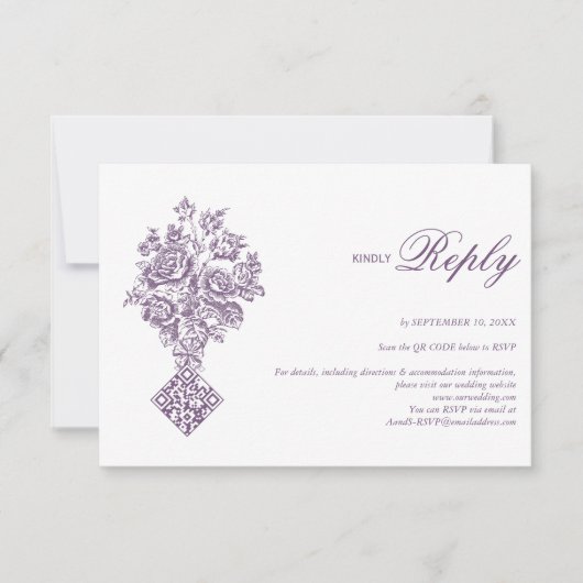 Chinoiserie Paarse Boeket Victoriaanse Bruiloft RSVP Kaartje (Voorkant)