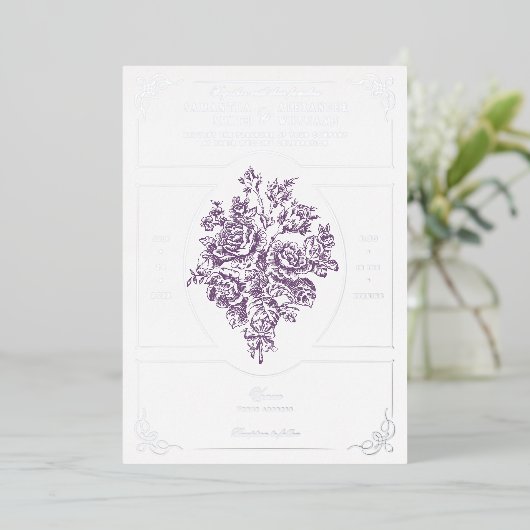 Chinoiserie Paarse Rozen Boeket Victoriaans bruilo Folie Uitnodiging (Staand Voorkant)