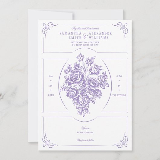 Chinoiserie Paarse Rozen Boeket Victoriaans bruilo Kaart (Voorkant)