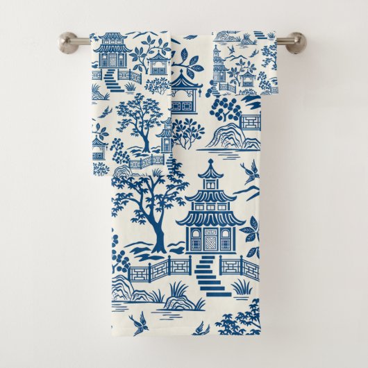 Chinoiserie Pagoda Blauw op Wit Bad Handdoek (Insitu)