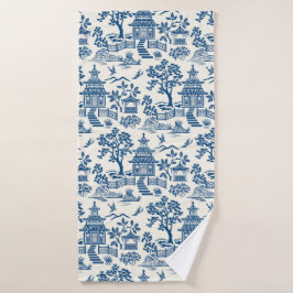 Chinoiserie Pagoda Blauw op Wit Bad Handdoek