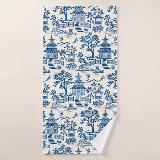 Chinoiserie Pagoda Blauw op Wit Bad Handdoek (Badhanddoek)