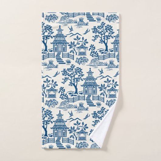 Chinoiserie Pagoda Blauw op Wit Bad Handdoek