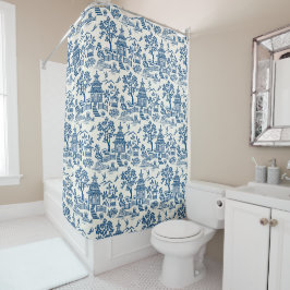 Chinoiserie Pagoda Blauw op Wit Douchegordijn