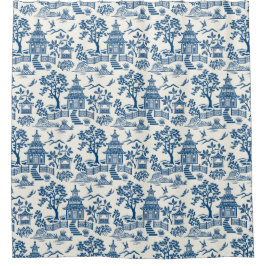 Chinoiserie Pagoda Blauw op Wit Douchegordijn