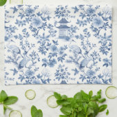Chinoiserie Pagoda Crane Blauwe Bloemen Theedoek (Gevouwen)