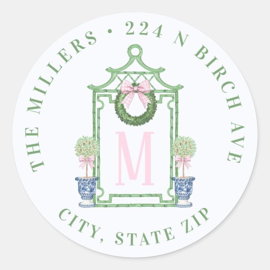 Chinoiserie Pagoda Kerstretouradres Ronde Sticker (Voorkant)