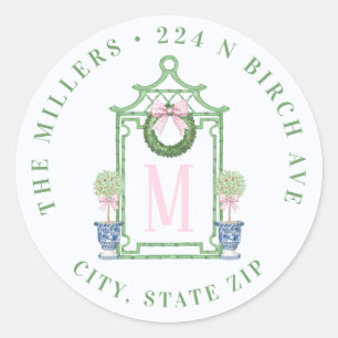 Chinoiserie Pagoda Kerstretouradres Ronde Sticker