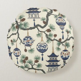 Chinoiserie Pagoda Ornament Design Pine Branch Rond Kussen
