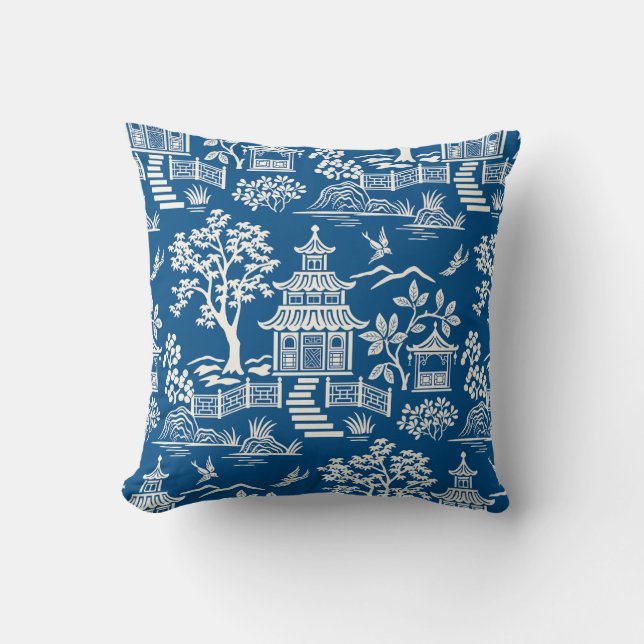 Chinoiserie Pagoda Royal Blue Sierkussen (Voorkant)