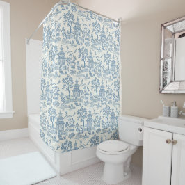 Chinoiserie Pagoda Slate Blue op White Douchegordijn