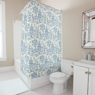 Chinoiserie Pagoda Slate Blue op White Douchegordijn