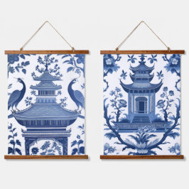 CHINOISERIE PAGODA'S IN BLAUW 1 & 2 HANGEND WANDKLEED
