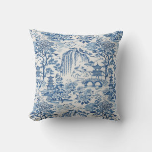 Chinoiserie Pagode en Vogels Blauw Bloemmotief Buitenkussen