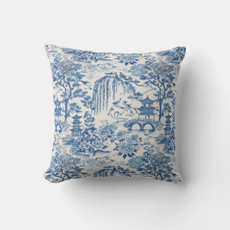 Chinoiserie Pagode en Vogels Blauw Bloemmotief Buitenkussen