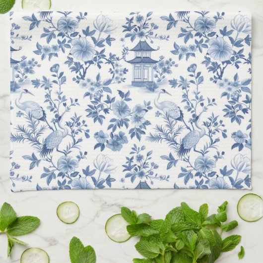 Chinoiserie Pagode Kraan Blauwe Bloemen Theedoek (Gevouwen)