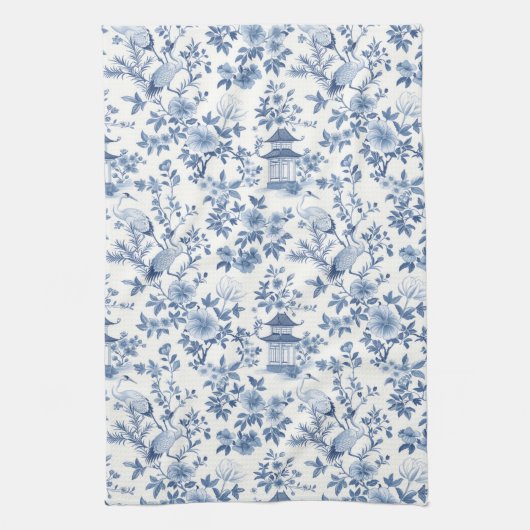 Chinoiserie Pagode Kraan Blauwe Bloemen Theedoek (Verticaal)