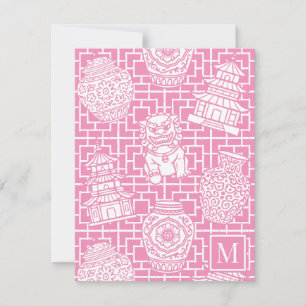 Chinoiserie Pagode – Roze Preppy Aziatische Tuin Notitiekaartje