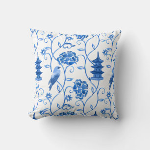 Chinoiserie patroon blauwe aquarel bloem pagode kussen