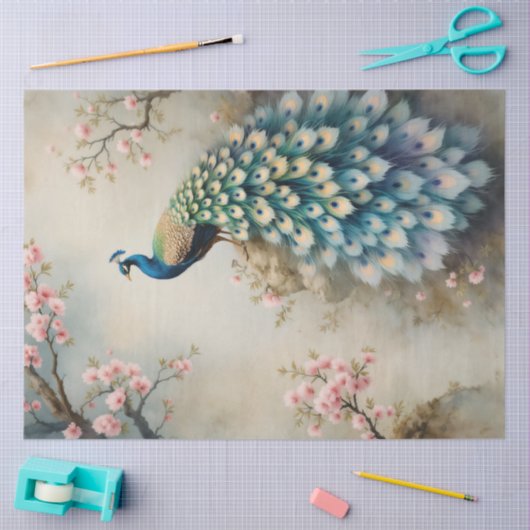 Chinoiserie Peacock Bloemen Roze Bloesem Decoupage Tissuepapier (Craft)